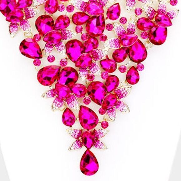 Pink Crystal Teardrop Leaf Cluster Collar Necklace Set NWT - Picture 2 of 6